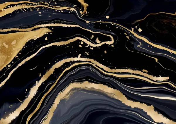 Черный Золотой Вручную Окрашенные Жидкий Мрамор Фон Стоковая Иллюстрация