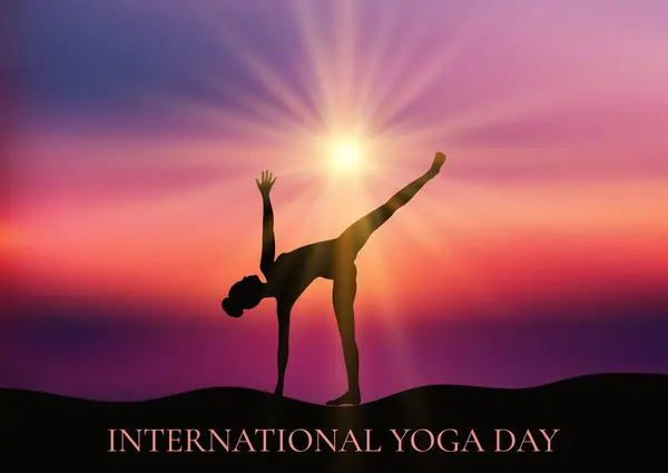 Giornata Internazionale Yoga Con Femminile Posa Yoga Paesaggio Tramonto Vettoriali Stock Royalty Free