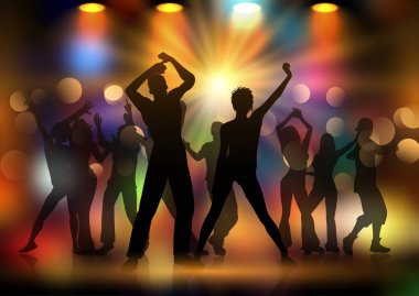 Disko ışıkları üzerinde dans eden bir grup insanın siluetleri arka plan tasarımı