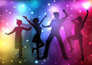 Slhouettes of people dancing on a disco lights background design