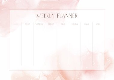 Elle boyanmış, pembe suluboya arka planı olan haftalık planlayıcı tasarımı