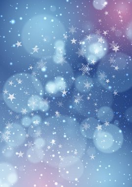 Bokeh ışıkları, kar taneleri ve yıldız tasarımlı dekoratif Noel arkaplanı