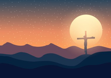 Günbatımı arka planında İsa 'nın silueti haçın üzerinde 