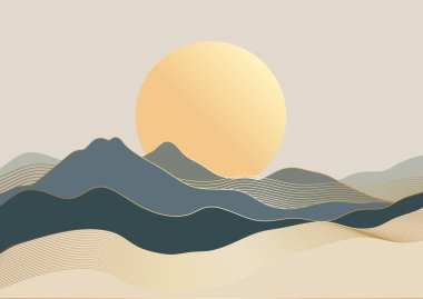 Altın akış çizgileri ve altın bir güneşe sahip geniş bir manzara.