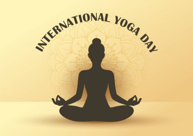 Yoga yapan bir kadın dekoratif mandala tasarım geçmişinde poz veriyor.
