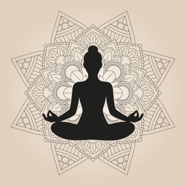Uluslararası Yoga Günü arka planında yoga yapan bir kadının silüeti var. Mandala tasarımında poz veriyor.