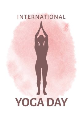 Uluslararası Yoga Günü için zarif bir arkaplan ve suluboya bir dizayn üzerinde duran bir kadın.