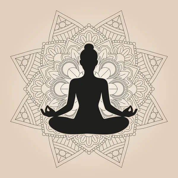 Uluslararası Yoga Günü arka planında yoga yapan bir kadının silüeti var. Mandala tasarımında poz veriyor.