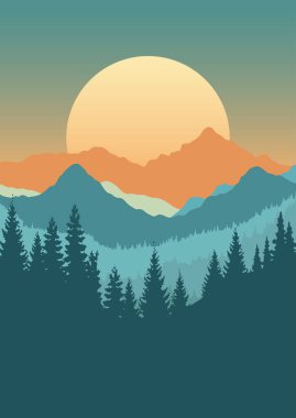 Dağlar ve ağaçlar ile soyut el çizimi manzara tasarımı