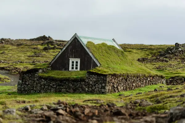 Rocky Peyzaj 'da Çimen Çatılı Geleneksel İzlanda Çim Evi