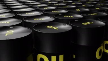 Petrol ve enerji endüstrisinde ham petrol bulunduran pek çok petrol varilinin animasyon vinç çekimi.