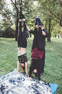 Erkek antrenör, park alanında amuda kalkmayı öğreten genç kadınlara yardım ediyor.