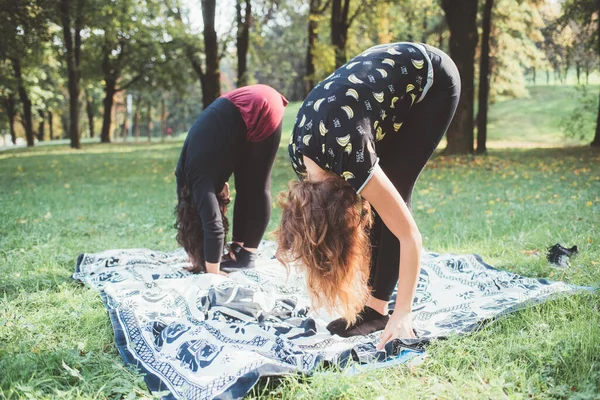 Deportivo Ajuste Mujeres Aire Libre Haciendo Mañana Yoga Entrenamiento Parque —  Fotos de Stock