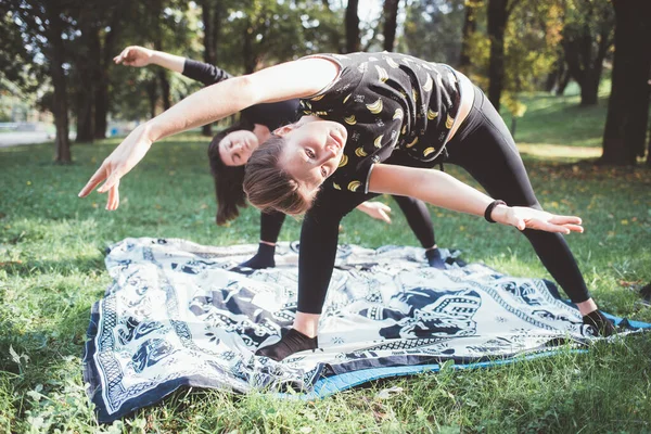 Sporty Fit Athletic Women Doing Morning Yoga Outdoors Park Training — Stock Photo, Image
