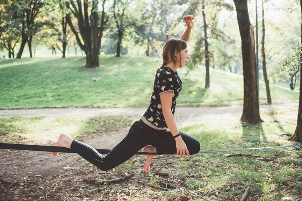 Athletic Fit Woman Doing Acrobatic Yoga Balancing Tightrope Training Slacklining — Stock Photo, Image