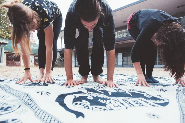 Small group athletic sportive fit friends outdoors doing acrobatic yoga training outdoors