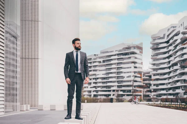 Confident Professional Elegant Bearded Businessman Standing Outdoor Posing Contemplating — Stockfoto