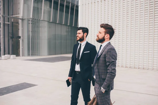 Two Confident Professional Elegant Bearded Businessmen Standing Outdoor Posing Contemplating —  Fotos de Stock