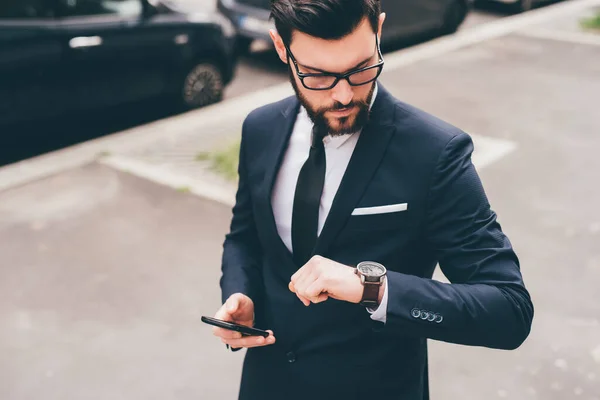 Young Professional Elegant Bearded Businessman Holding Smartphone Checking Time Wrist — Stock Photo, Image