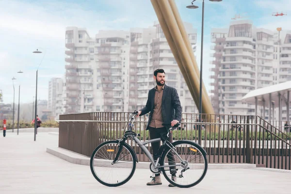 Contemporary Bearded Young Stylish Businessman Going Work Bike Commuting Carbon — Foto de Stock