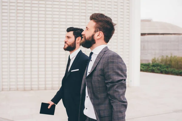 Two Young Elegant Businessmen Walking Outdoors Together Streets — Stock Photo, Image