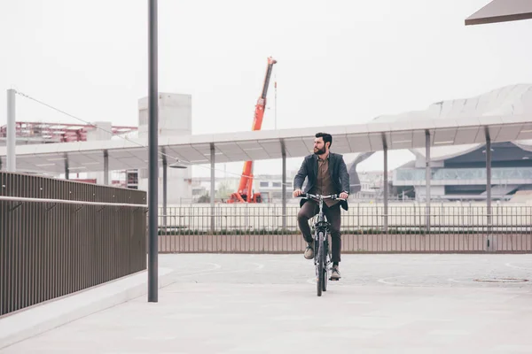 Contemporary Bearded Young Stylish Businessman Going Work Bike Commuting Carbon — Stock Photo, Image