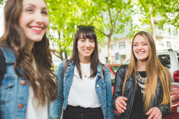 Three Young Happy Women Friends Walking Outdoors Having Fun — Stock Photo, Image