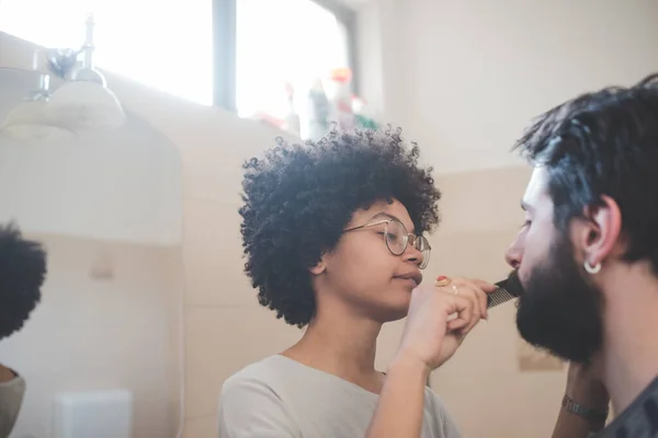 Young Multiethnic Millennials Couple Spending Morning Routine Bathroom Together Stock Picture