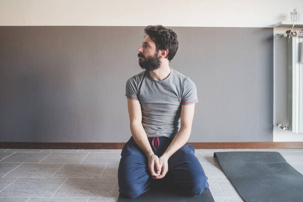 Young Man Home Practicing Sport Doing Fitness Yoga Stock Picture