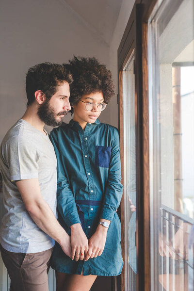 Young Multiethnic Couple Posing Smiling Together Home Stock Image