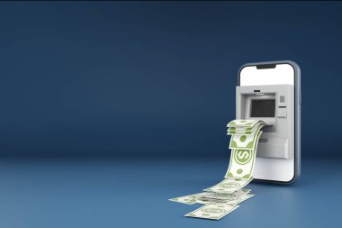 3D Rendering ATM on smartphone with dollar bill ,Financial and banking about online banking on mobile portable smart phone on clean and minimal background,