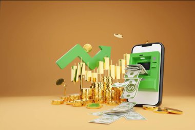 3D rendering ATM on smartphone screen ,green an arrow and gold coins, intricately integrated into the scene, signifies financial abundance and successful investments.