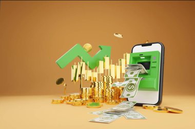 3D rendering ATM on smartphone screen ,green an arrow and gold coins, intricately integrated into the scene, signifies financial abundance and successful investments. clipart
