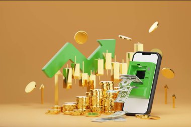 3D rendering ATM on smartphone screen ,green an arrow and gold coins, intricately integrated into the scene, signifies financial abundance and successful investments. clipart
