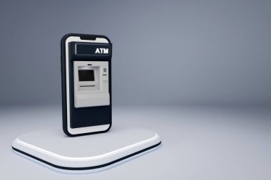 Akıllı telefon, Finansal ve Bankacılık 'ta ATM hazırlamak temiz ve minimal arka planda taşınabilir akıllı telefona çevrimiçi bankacılık hakkında,