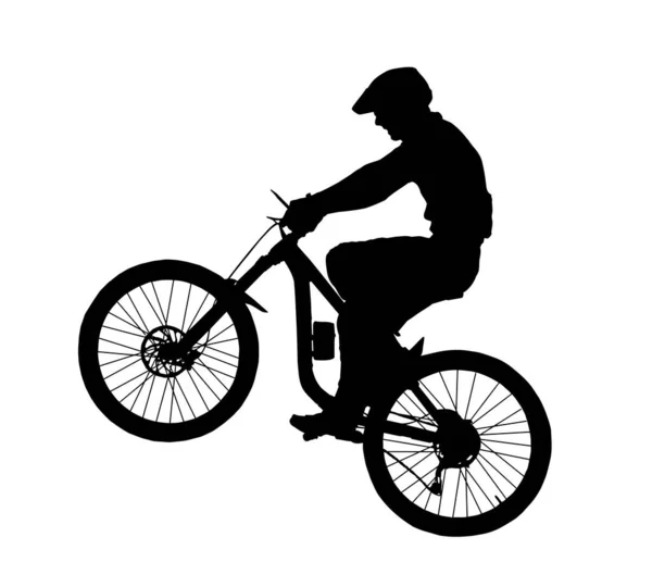 Detaljerad Silhuett Mountainbike Ryttare Poppar Wheelie Ras — Stock vektor