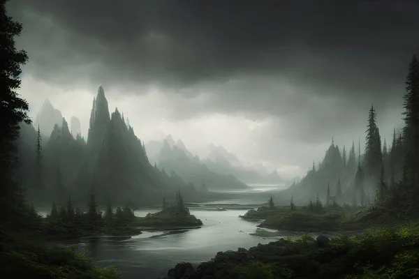 Κινηματογραφικό Ονειρικό Και Σουρεαλιστικό Δάσος Μια Δυσοίωνη Λίμνη Και Ομιχλώδες — Φωτογραφία Αρχείου
