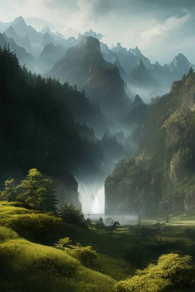 Cinematisch Dromerig Surrealistisch Mistig Bos Met Rivier Watervallen — Stockfoto