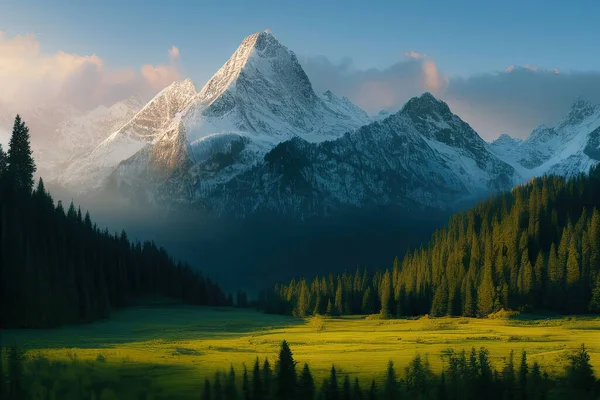 Кінематографічне Сюрреалістичне Зображення Зелених Лугів Лісі Великим Загостреним Льодом Покритим — стокове фото