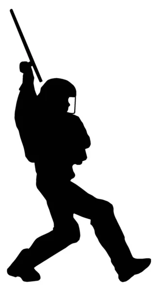フルギアでの反暴動特別警察隊メンバーのシルエット バトンで育てられたヘルメットバイザーダウンストーミング — ストックベクタ