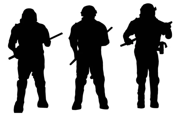 Silhouette Row Riot Special Police Squad Members Full Gear Batons — Stock Vector