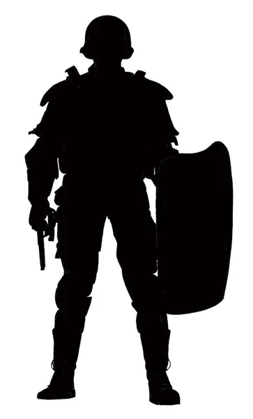 Silhouette Riot Special Police Squad Member Full Gear Lowered Shield — Stock Vector