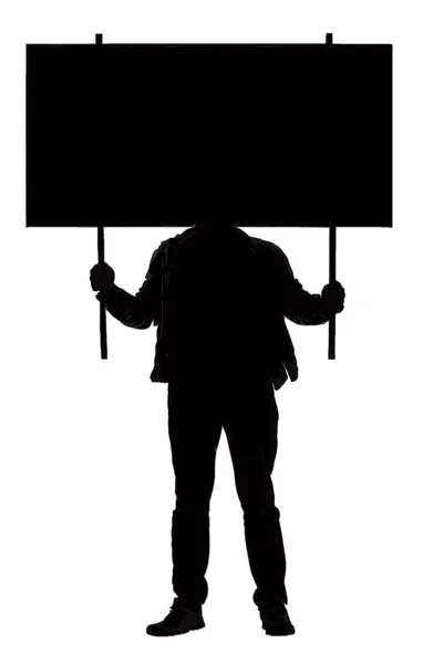 Silhueta Protestante Masculino Segurando Banner Protesto Frente Seu Rosto — Vetor de Stock