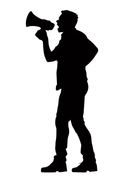 Silhouette Instigateur Leader Une Manifestation Masculine Criant Sur Mégaphone — Image vectorielle
