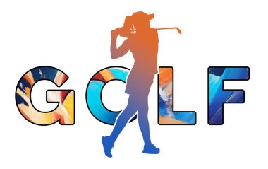 Withe Arkaplan Üzerine Ayrı Metin GOLF - Renk Simgesi Gradyan Siluet Kadın Oyuncu Tee Vuruşu