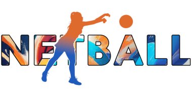 Withe Arkaplanındaki Ayrı Metin NETBALL - Renk Simgesi Gradyan Siluet Kadın Oyuncu veya Kadın Oyuncu Topu Geçiriyor