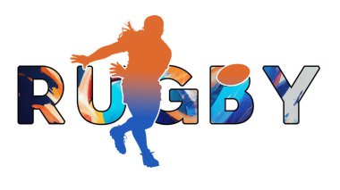 Withe Arkaplanındaki Ayrı Metin RUGBY - Renk Simgesi Gradyan Siluet Kadın veya Kadın Çömlek Topu Geçişi