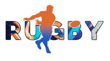 Withe Arkaplanı üzerindeki izole metin RUGBY - Renk Simgesi Gradyan Silueti Bir Erkek Çörek Geçiş Topu Figürü