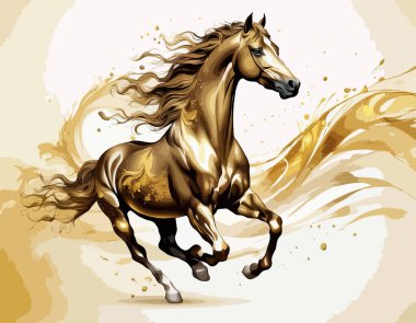 High Detailed Full Color Vector - A fantastical, glowing conceptual illustration of a golden powerfully muscular stallion galloping through splashing gold fluid clipart