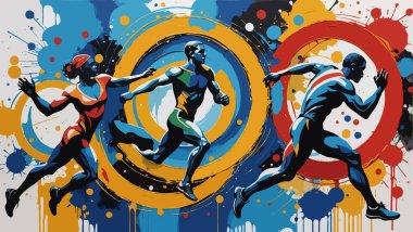 Summer Olympic Games 2024 Paris  Women Track  Artistic Colorful Abstract Representation in Olympic Colors with Splash Paints and Relief Art clipart
